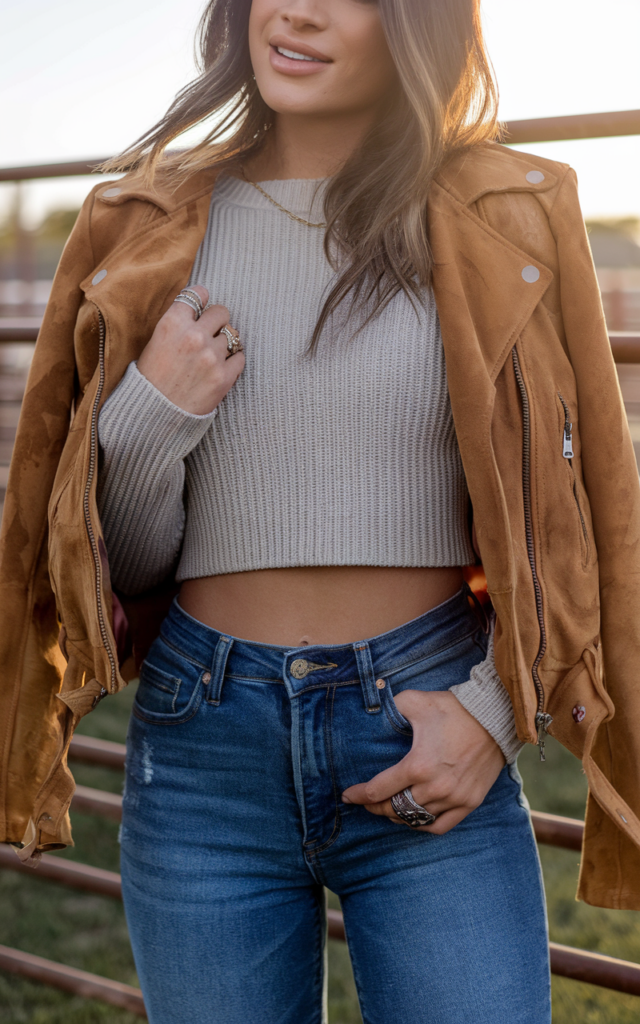 Combine a Cropped Knit Top with High-Waisted Flares