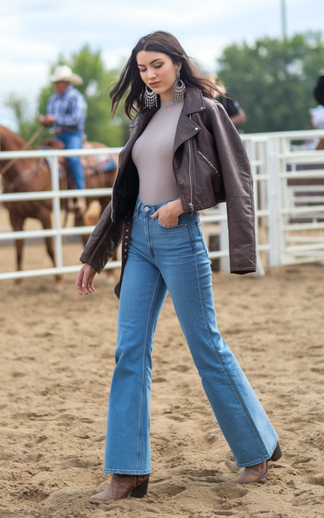 Combine a Cropped Leather Jacket with Bootcut Denim