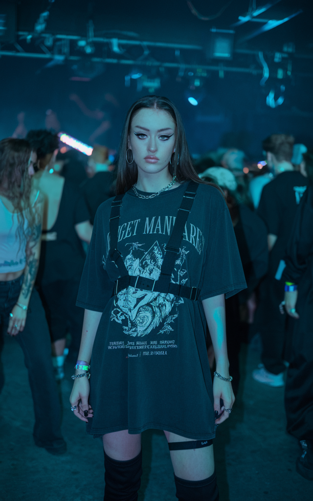 Combine a Dark Graphic Tee Dress With Harness Straps