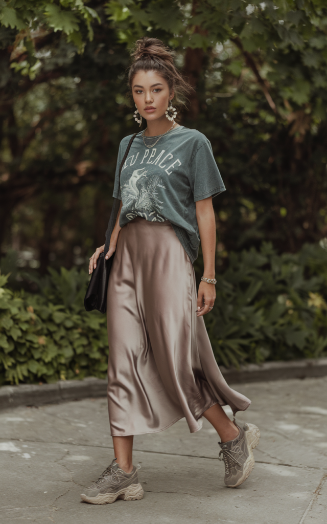 Combine a Graphic Tee with a Satin Midi Skirt