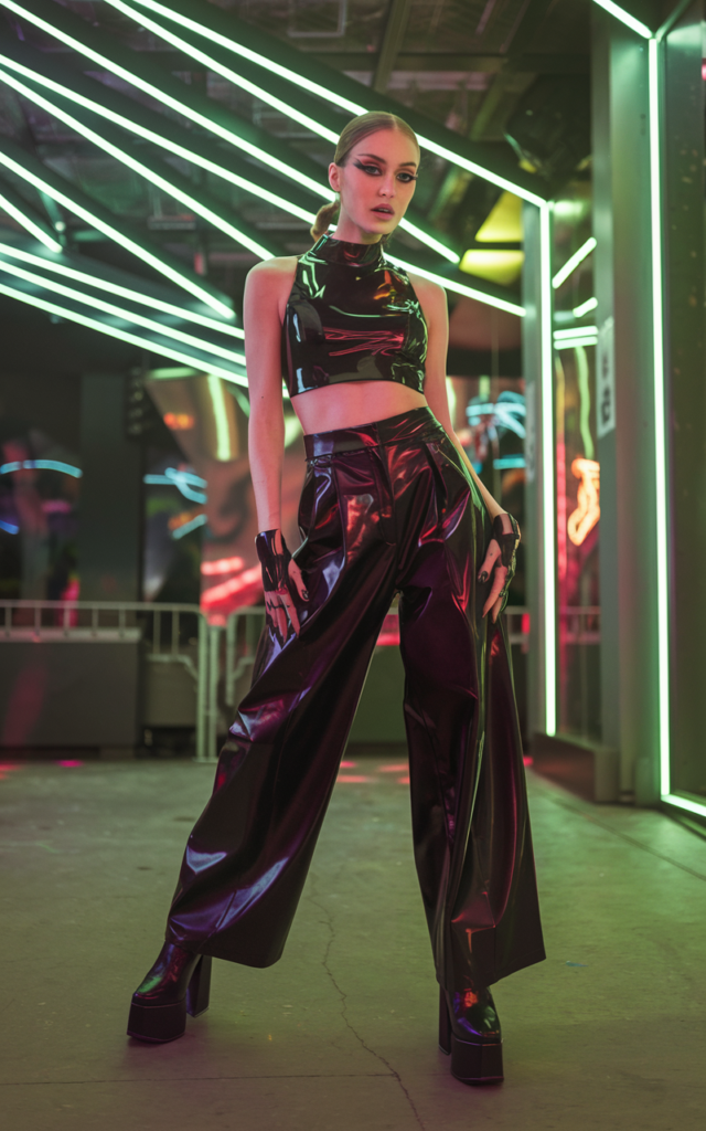 Combine a Latex Crop Top With Wide-Leg Pants