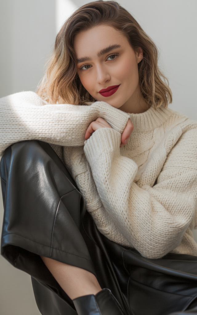 Combine a Textured Sweater with Faux Leather Pants