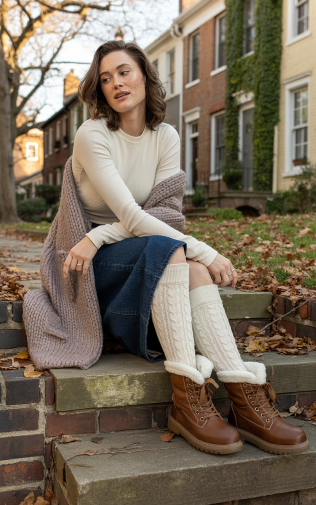Combine a denim skirt with a cardigan and thermal base