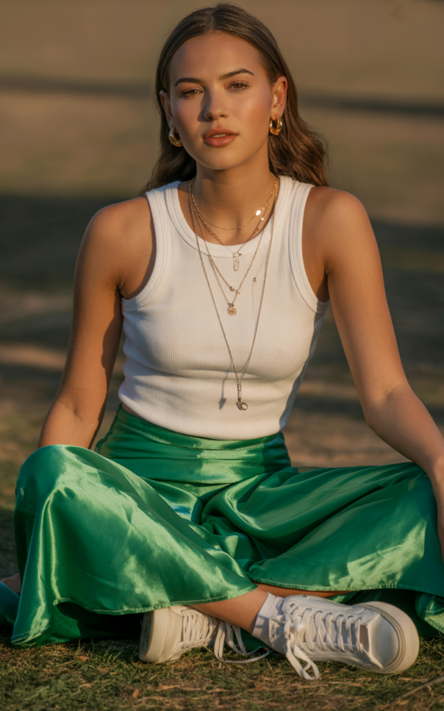 Combine a satin midi skirt with a fitted tank and sneakers.