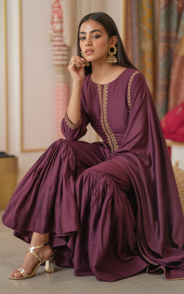 Combine a sharara set with a short embellished kurti