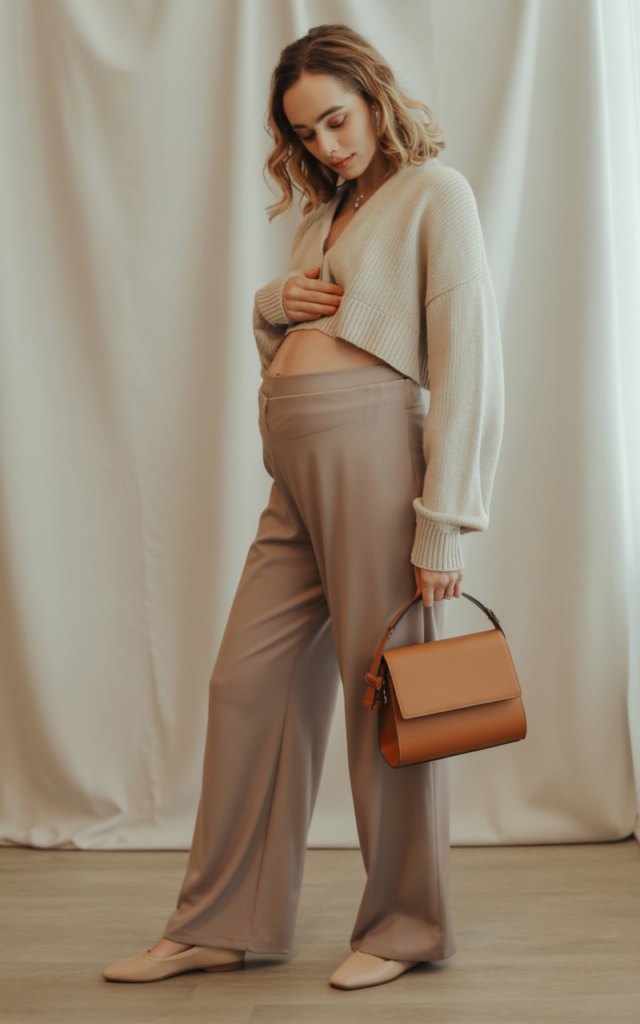 Combine wide-leg maternity trousers with a cropped cardigan.