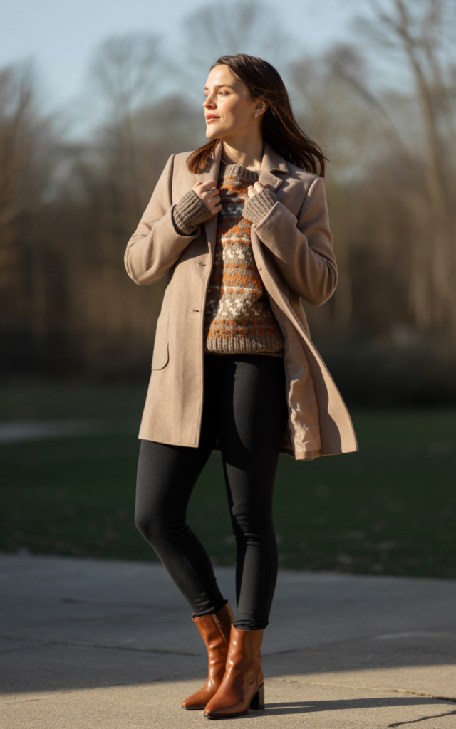 Create interest with a patterned sweater and neutral layers