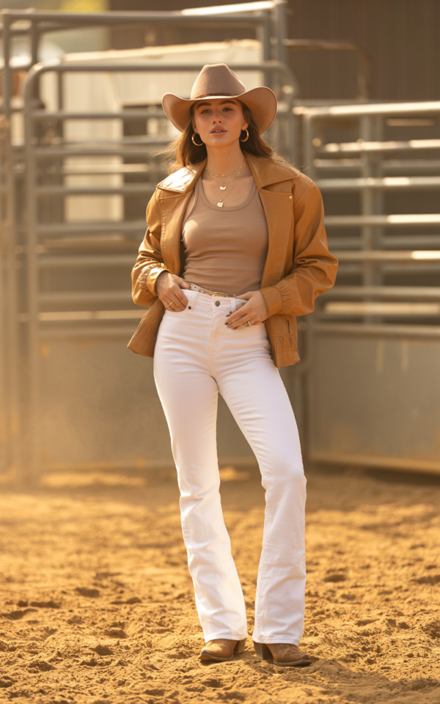 Elevate White Jeans with a Tan Leather Jacket