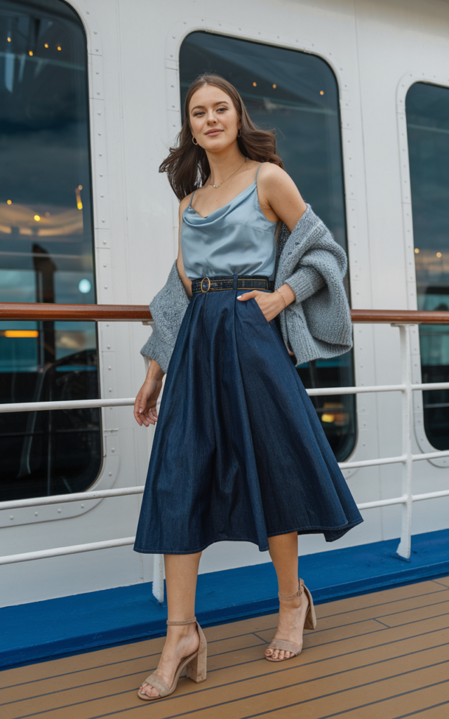 Elevate a denim midi skirt with a silky cami.