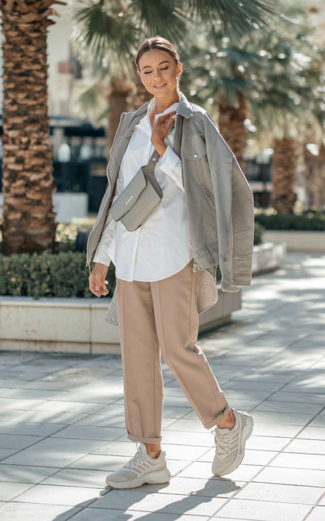 Finish with breathable sneakers or loafers