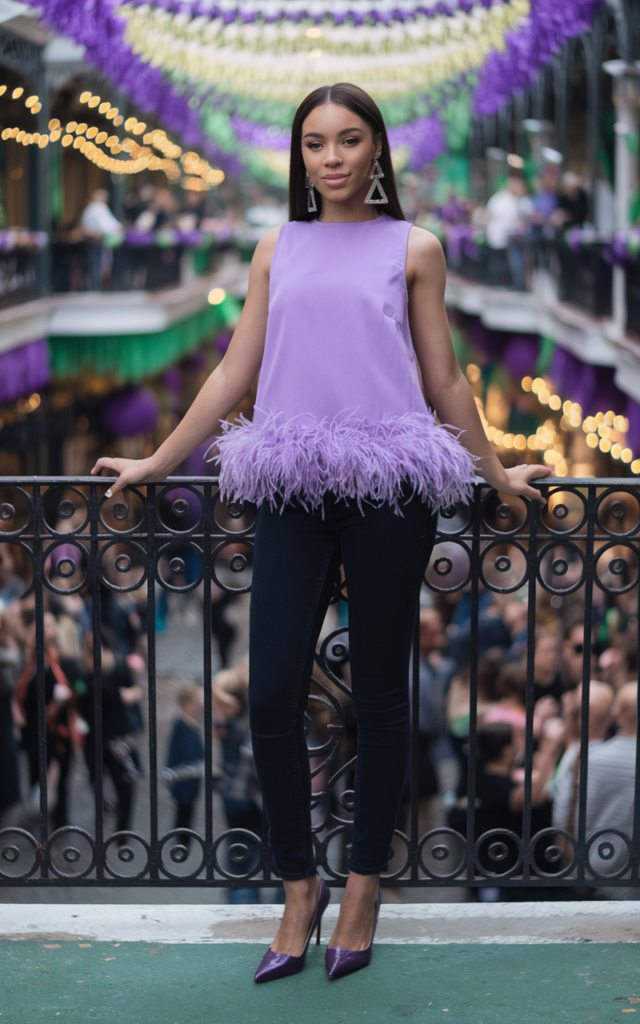 Go bold with a feather-trimmed top and skinny jeans.
