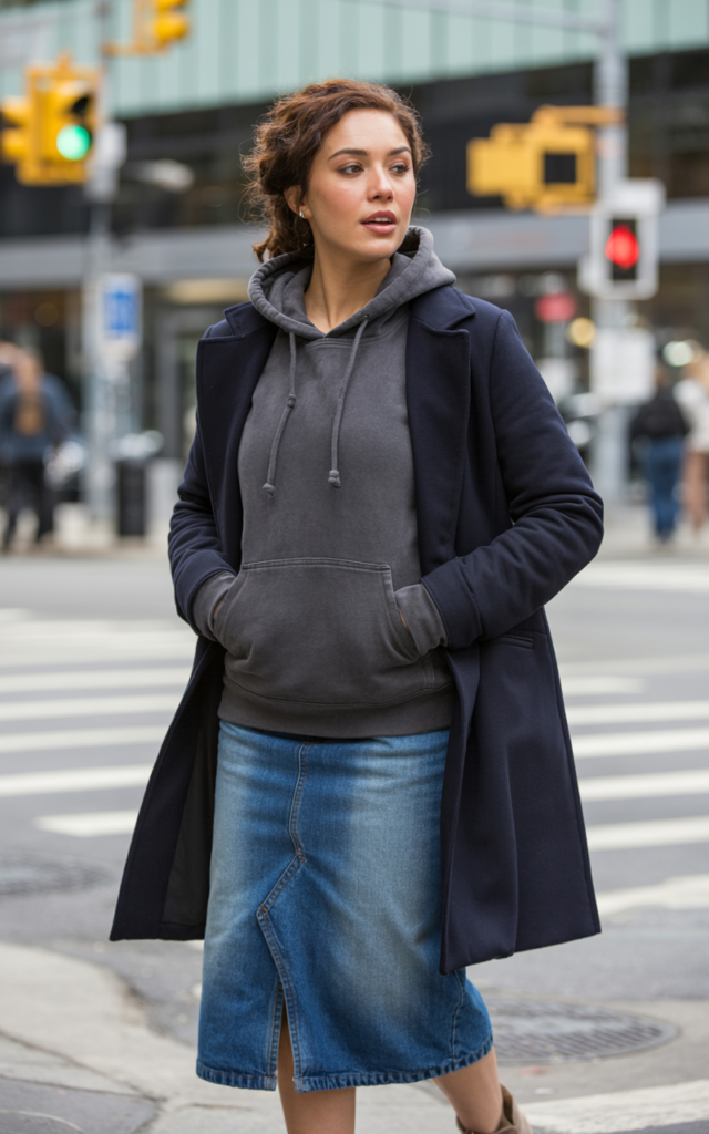 Go casual with a hoodie layered under a coat
