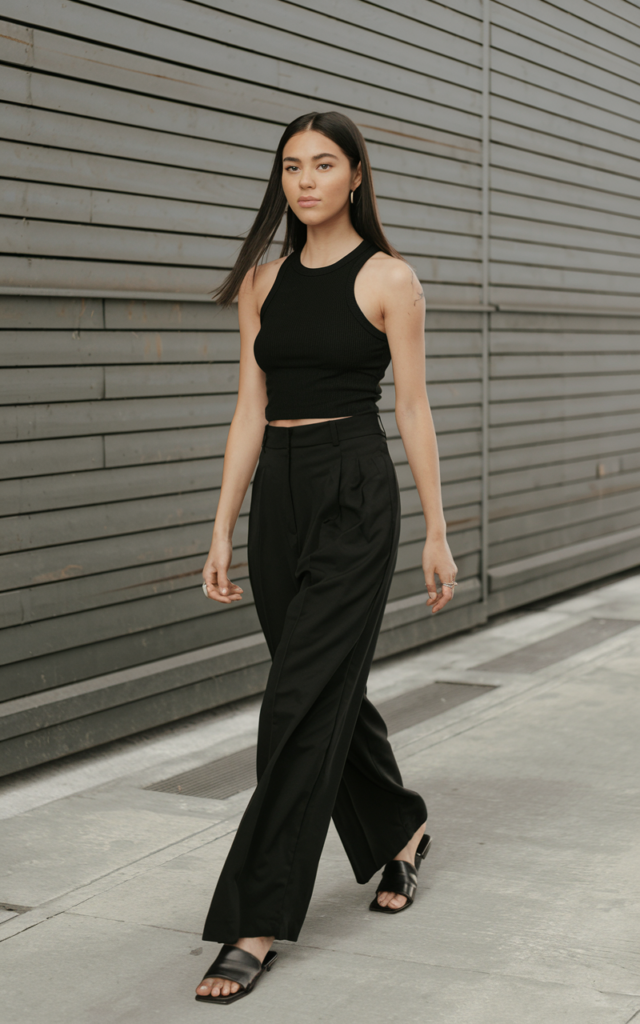 Go monochrome with a tank and wide-leg trousers.