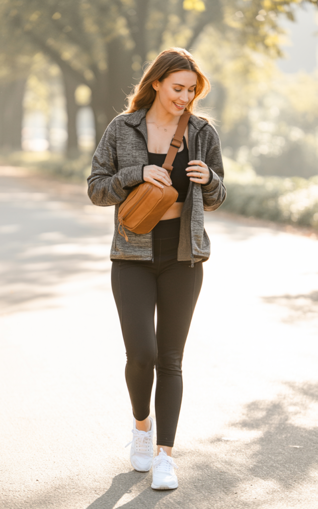 Go sporty with a zip-up fleece and sleek accessories