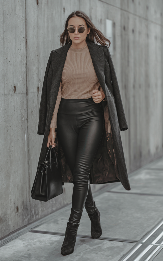 Keep it sleek with a ribbed knit set and long coat