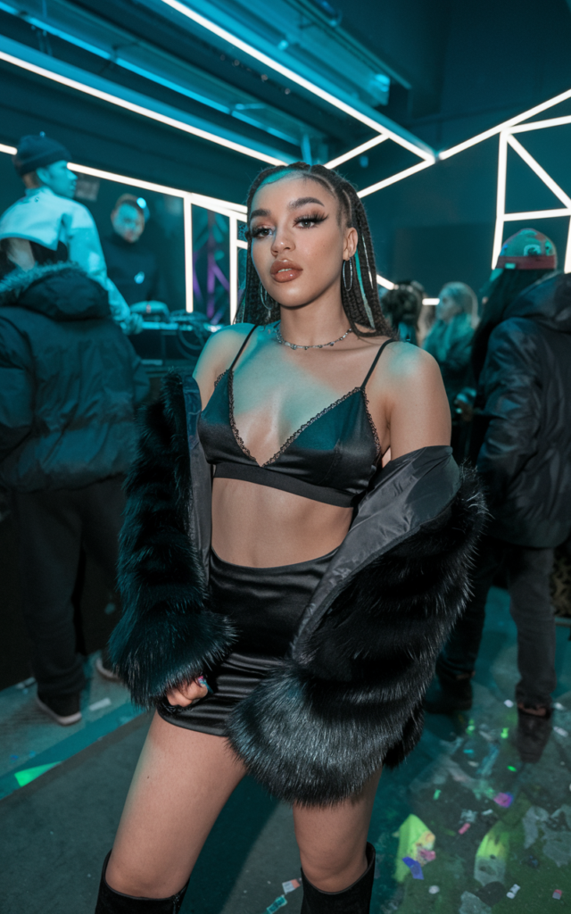 Layer a Faux Fur Jacket Over a Dark Mini Set