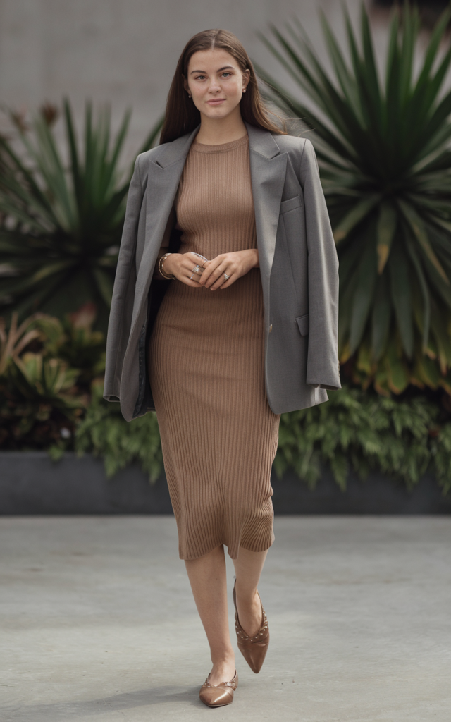 Layer a Fitted Blazer Over a Ribbed Midi Dress