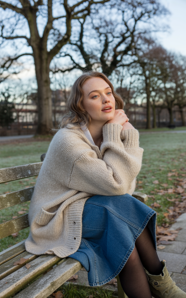 Layer a chunky cardigan over a denim skirt and boots