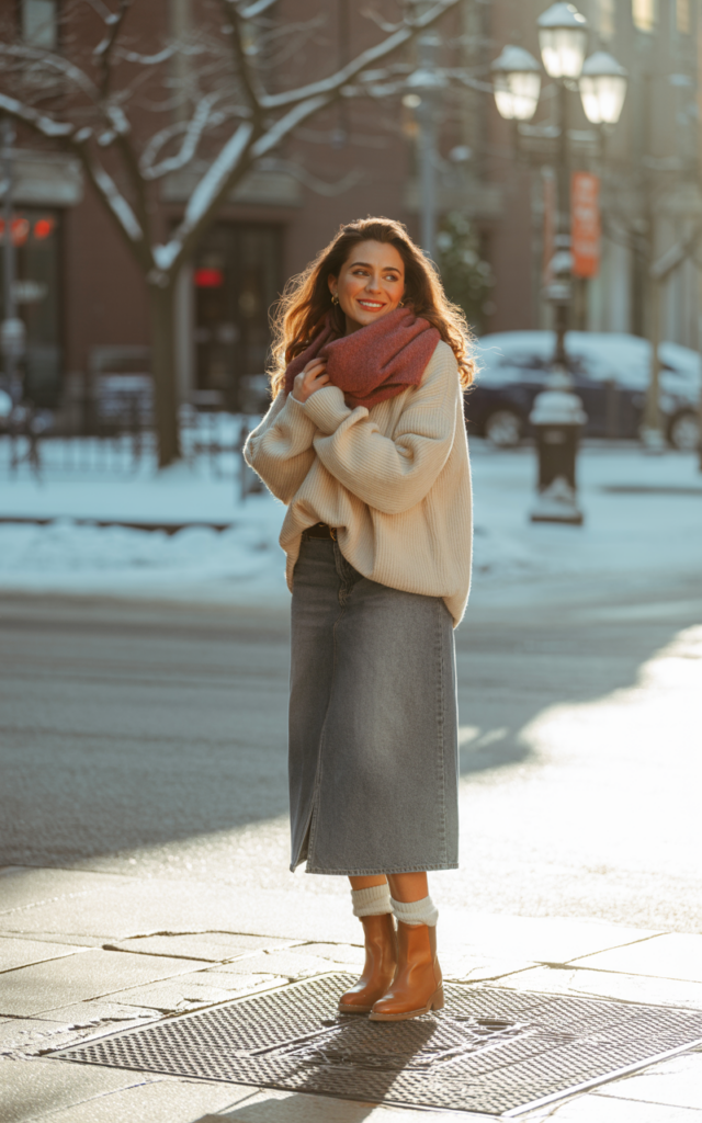 Layer a chunky knit sweater over a midi denim skirt