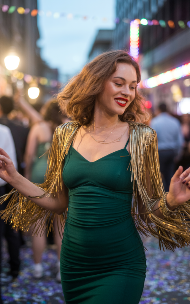 Layer a fringe jacket over a fitted dress.