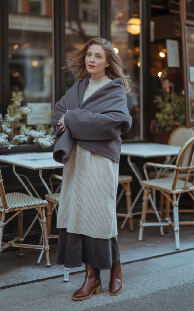 Layer a knit dress over a denim skirt for warmth