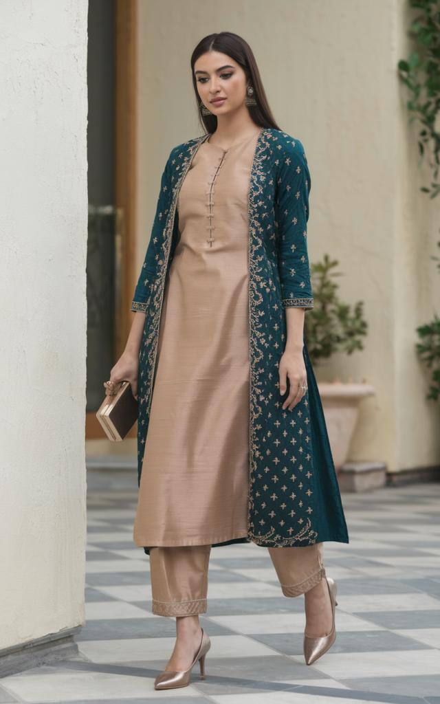Layer a long jacket over a straight-cut kurta set