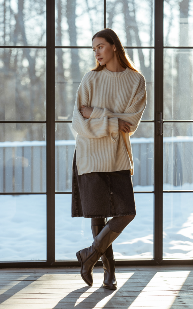Layer a sweater dress over a denim skirt