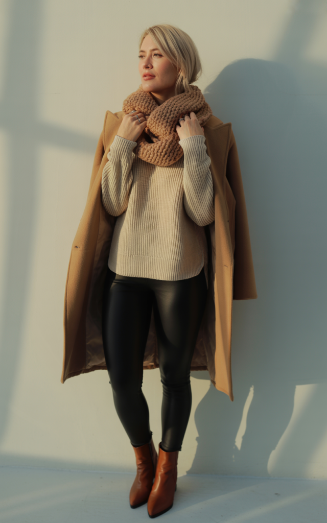 Layer an oversized wool coat over a chunky knit sweater