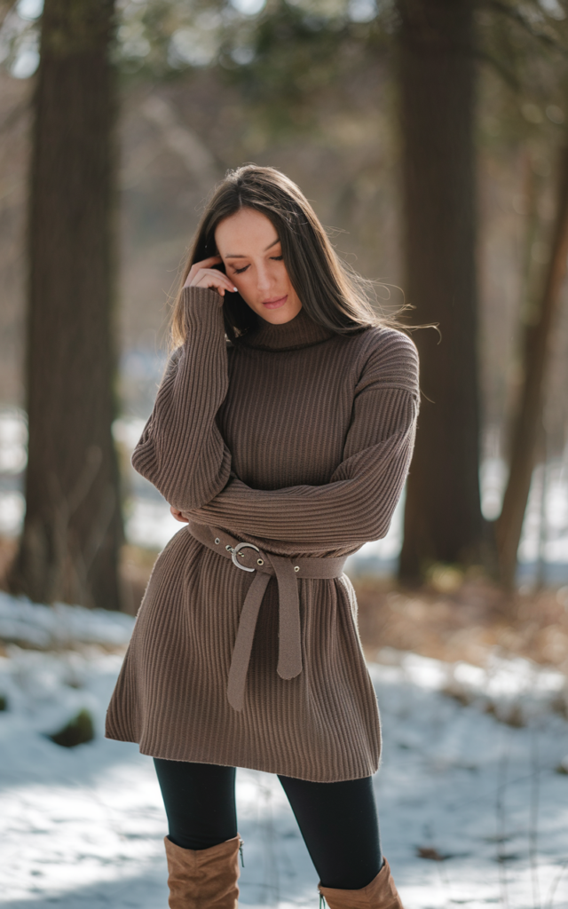 Lean cozy-chic with a ribbed tunic and belt