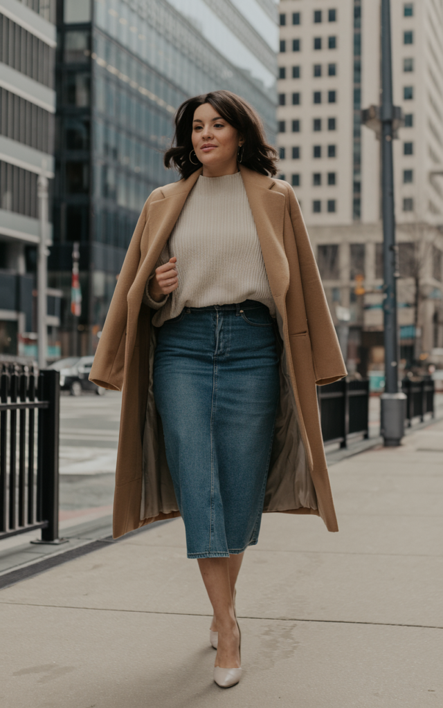 Let a statement coat carry a simple denim skirt outfit