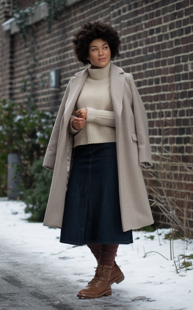 Match a dark denim skirt with a neutral knit top