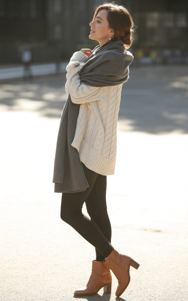 Match leggings with a cable-knit sweater and scarf