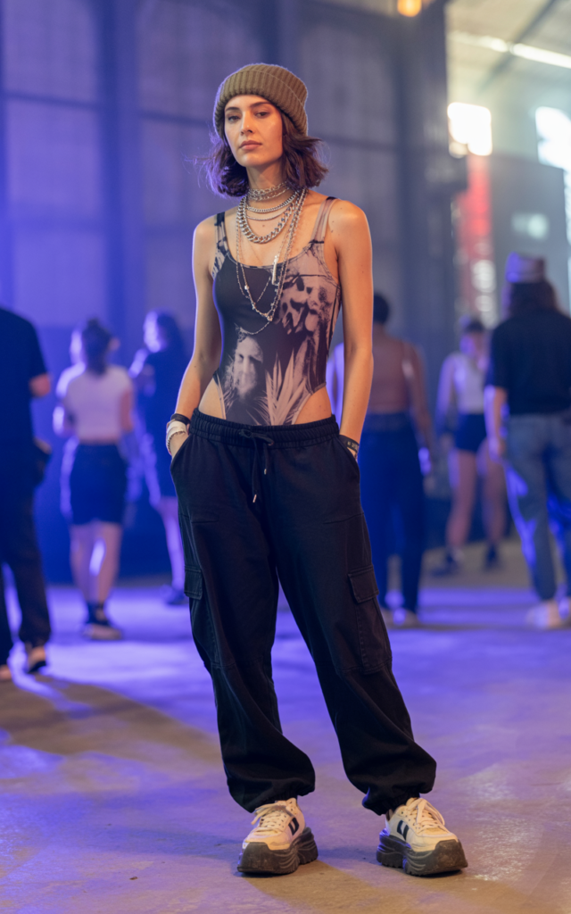 Mix a Gothic Bodysuit With Cargo Joggers