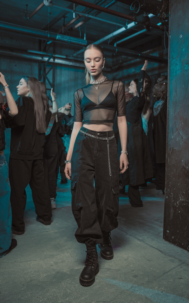 Pair a Mesh Top With High-Waisted Cargo Pants