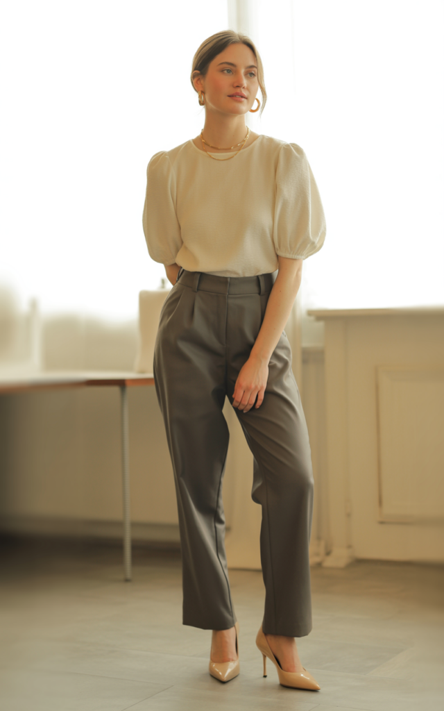 Pair a Puff-Sleeve Top with Straight-Leg Trousers
