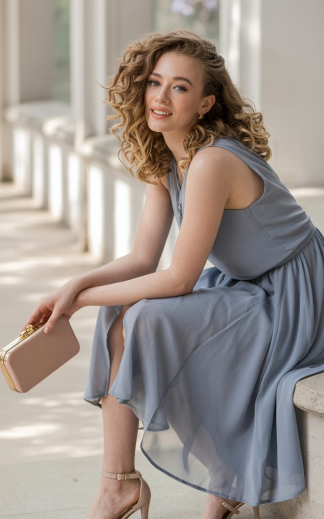 Pair a chiffon midi dress with delicate ankle-strap heels.