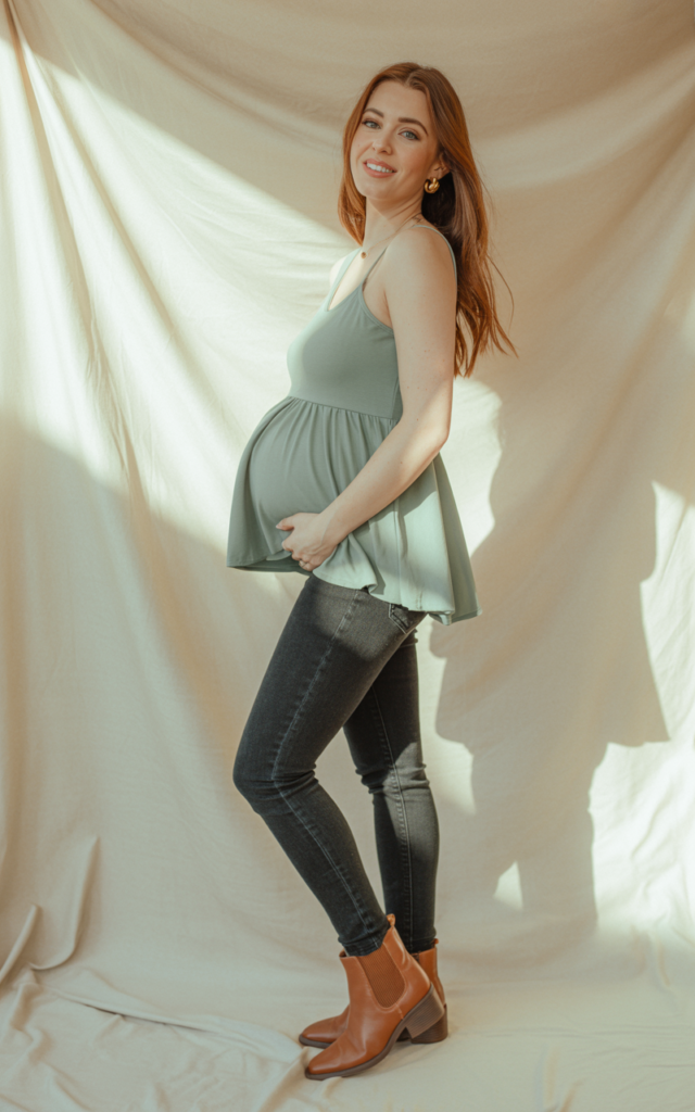 Pair a loose peplum top with maternity skinny jeans.