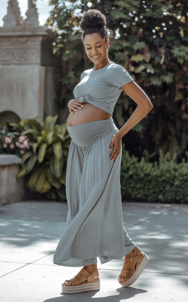Pair a maternity crop tee with high-rise flowy pants.