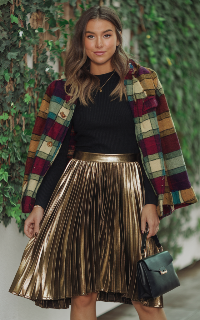 Pair a pleated metallic skirt with a fitted knit top.