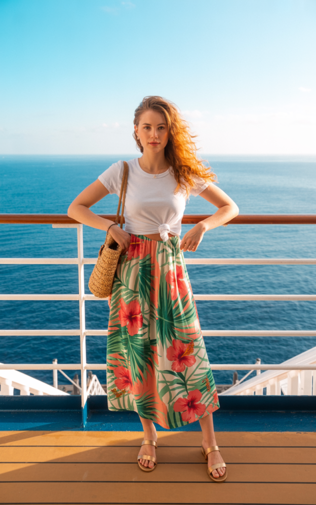 Pair a statement maxi skirt with a fitted white tee.