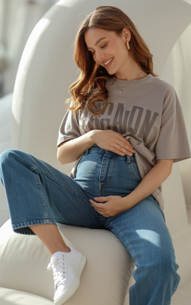 Pair high-rise maternity jeans with a tucked-in graphic tee.