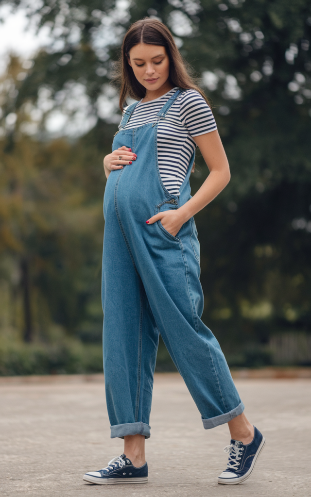 Pair maternity overalls with a striped tee.