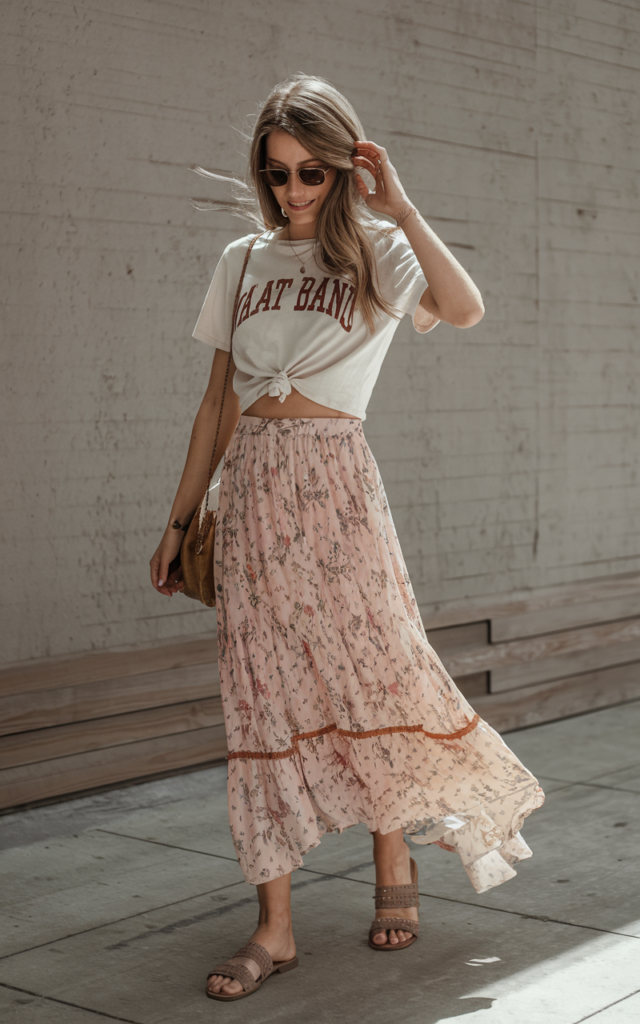 Rock a flowy maxi skirt with a cropped band tee.