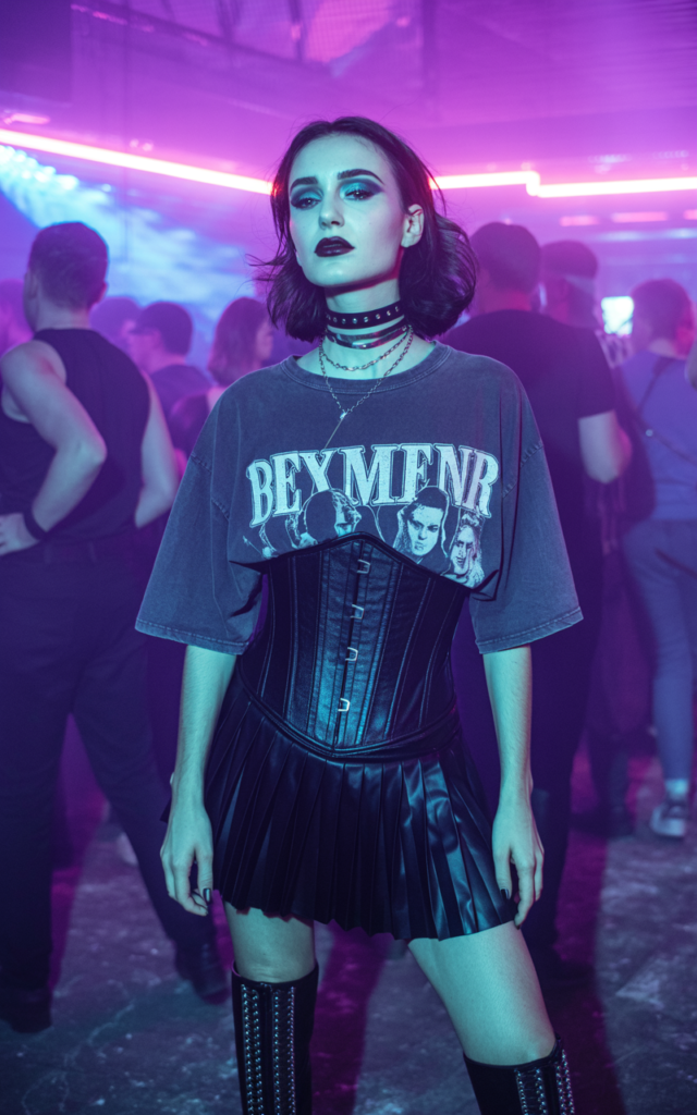 Slip Into a Corset Over a Graphic Band Tee