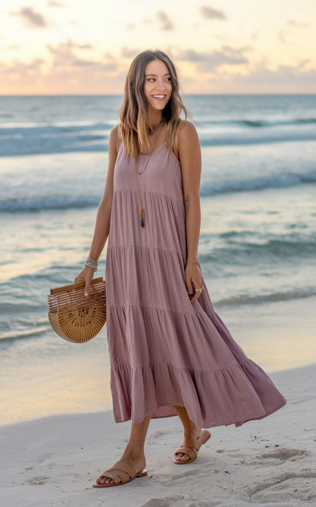 Slip into a flowy boho maxi with layered jewelry.