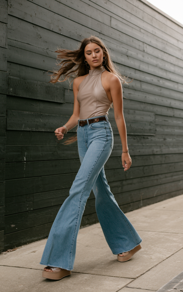 Slip into a halter top with vintage flared jeans.