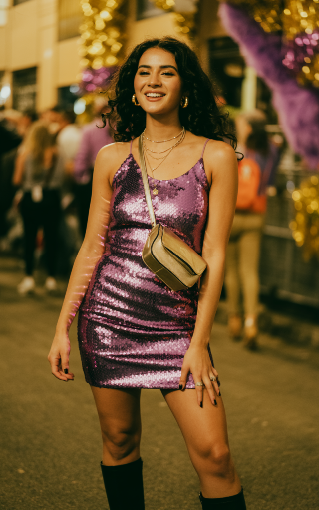 Slip into a sequin mini dress and add statement boots.