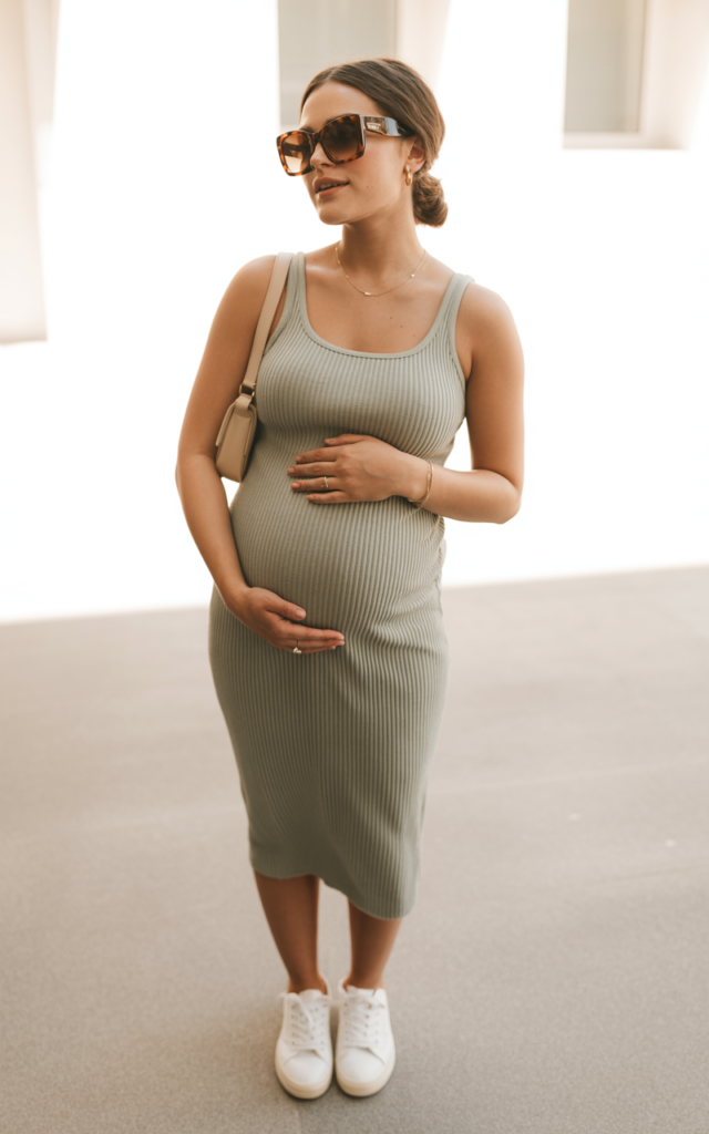 Slip into a stretchy bodycon midi dress with white sneakers.