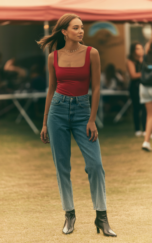 Slip into high-waisted jeans with a bold bodysuit.
