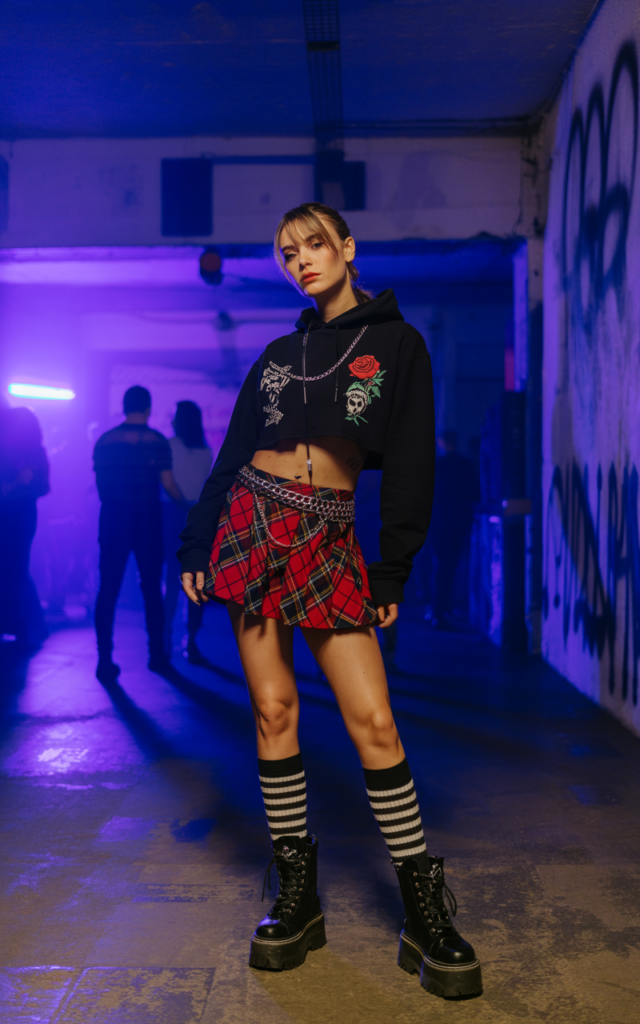 Style a Gothic Crop Hoodie With a Plaid Mini Skirt